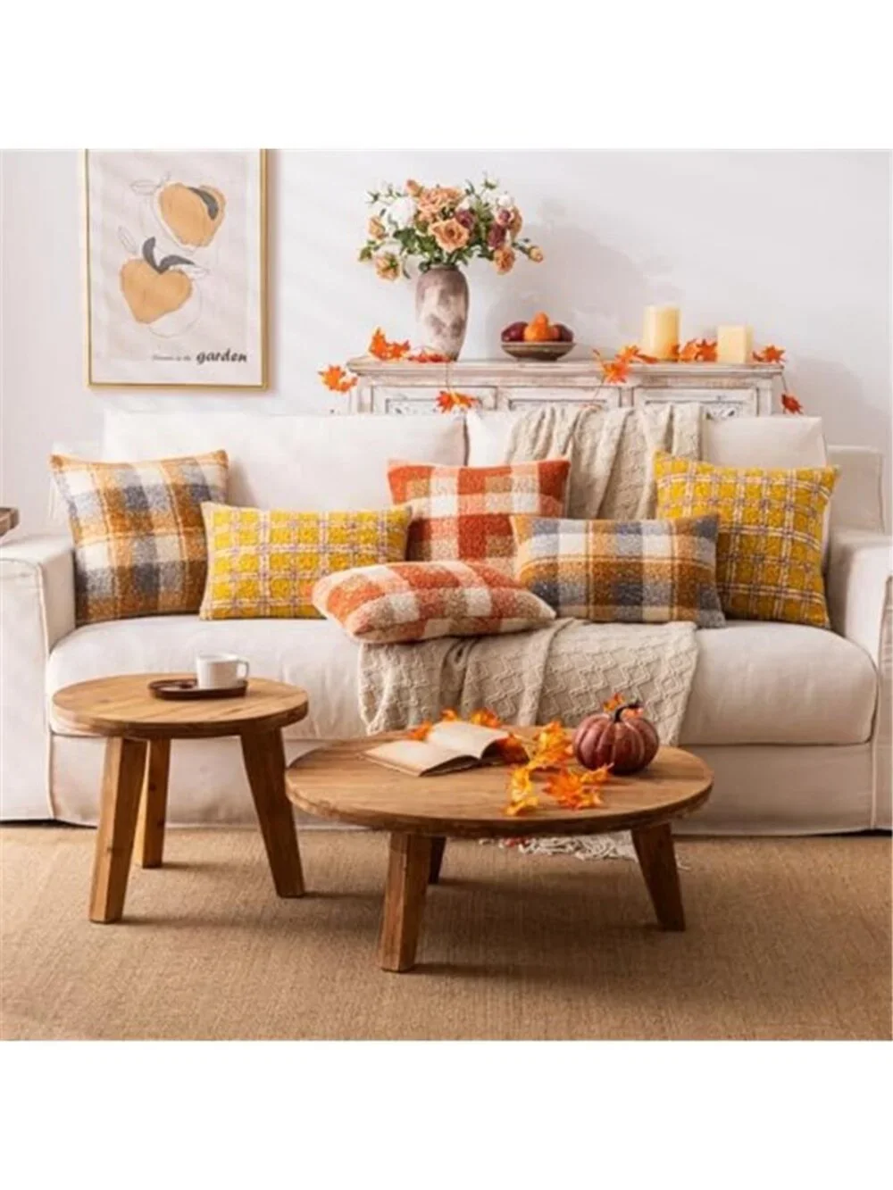 Plaid Fall Throw Pillow Covers Orange 18x18 Inch Set of 2